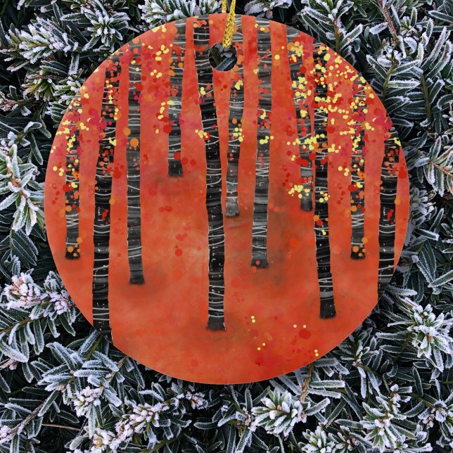 Ornamento De Cerâmica Birch Forest Red (Birch aspen tree forest art red ceramic Christmas ornament)