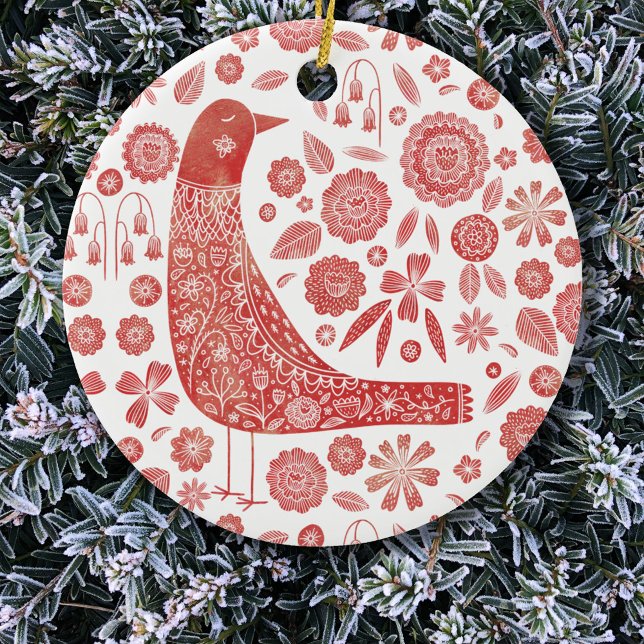 Ornamento De Cerâmica Bird Folk Art (Nordic Scandinavian bird red and white Christmas ornament)