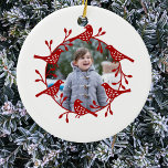 Ornamento De Cerâmica Bird Wreath Modern Scandi Foto<br><div class="desc">Uma coroa festiva de pássaros e quadris rosa rodeia sua própria foto neste bonito estilo escandinavo,  vermelho e branco,  decoração de Natal. Arte original de Nic Squirrell. Crédito da fotografia: Fotografia © Storytree Studios,  Stanford,  CA</div>