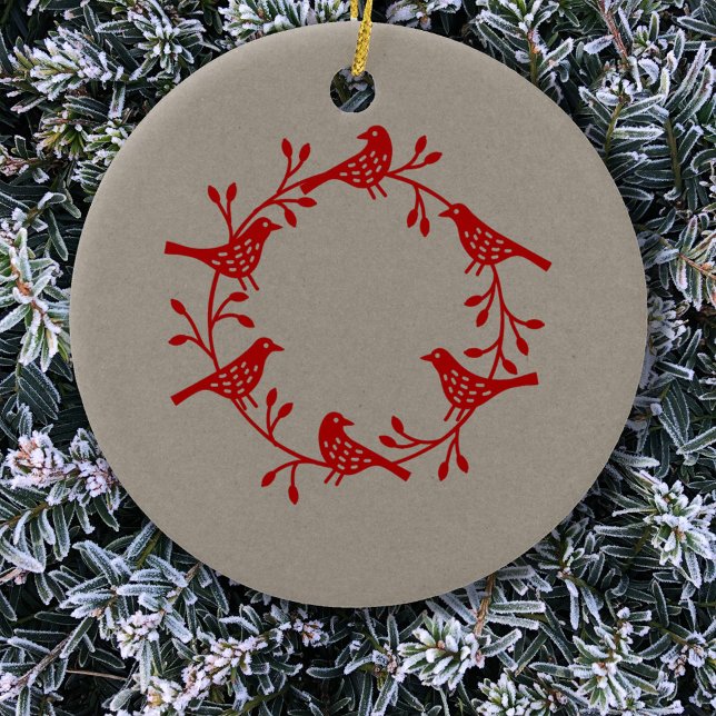 Ornamento De Cerâmica Bird Wreath Red on Neutral Modern Scandi (Red bird wreath Scandinavian Christmas ornament)