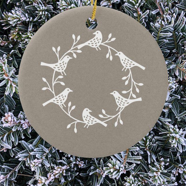 Ornamento De Cerâmica Bird Wreath White on Neutral Modern Scandi (Nordic Scandinavian bird wreath ornament)