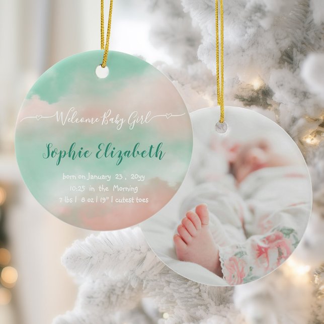 Ornamento De Cerâmica Birds Stats Baby Name Script Newborn Foto (Criador carregado)