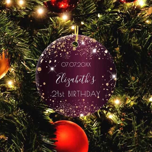 Ornamento De Cerâmica Birthday burgundy rosa gold glitch name elegan (Criador carregado)