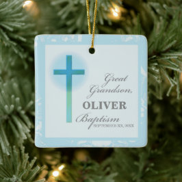 Ornamento De Cerâmica Bisneto Batismo Renda Azul Personalizado