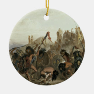 Ornamento De Cerâmica Bisonte-Dança dos indianos de Mandan na frente do