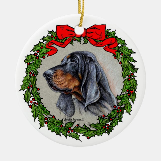 Ornamento De Cerâmica Black and Tan Coonhound Art de Glenda S. Harlan (Frente)