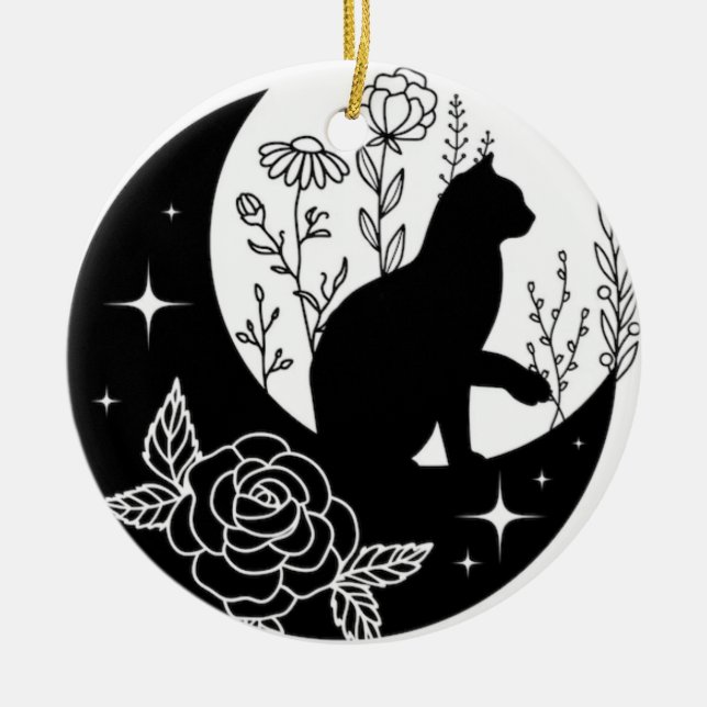 Ornamento De Cerâmica Black and White Cat Moon Window Suncatcher (Frente)