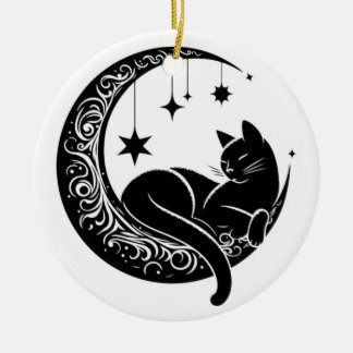 Ornamento De Cerâmica Black and White Cat Moon Window Suncatcher