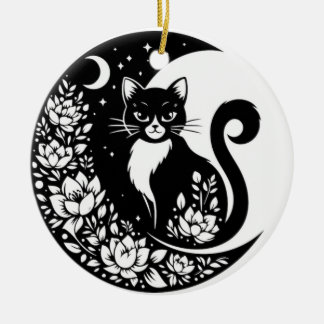 Ornamento De Cerâmica Black and White Cat Moon Window Suncatcher