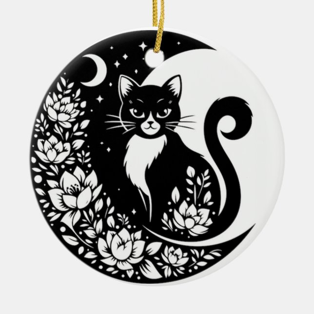 Ornamento De Cerâmica Black and White Cat Moon Window Suncatcher (Frente)