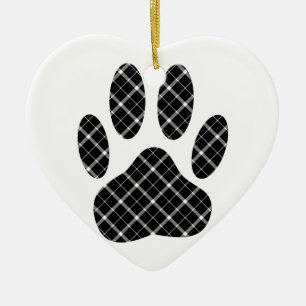 Ornamento De Cerâmica Black And White Tartan Dog Paw Print