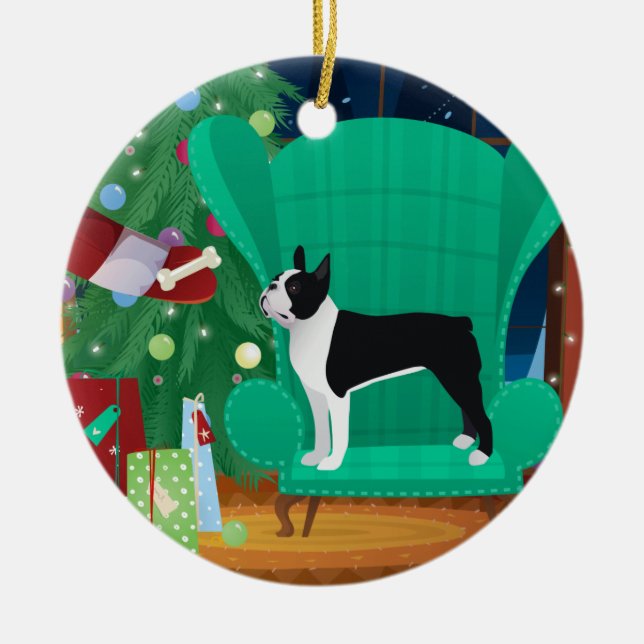 Ornamento De Cerâmica Black Boston Terrier e Gift de Papais noeis (Frente)