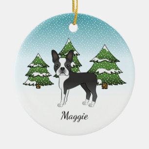 Ornamento De Cerâmica Black Boston Terrier em uma floresta e nome de inv