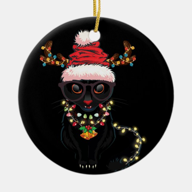 Ornamento De Cerâmica Black Cat Christmas Light with Horn Reindet (Frente)