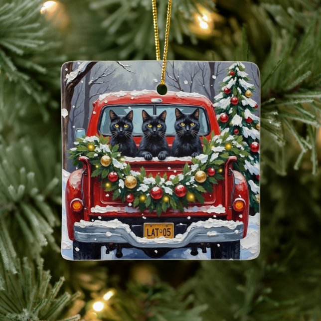 Ornamento De Cerâmica Black Cat Christmas Red Truck Holiday (Árvore)