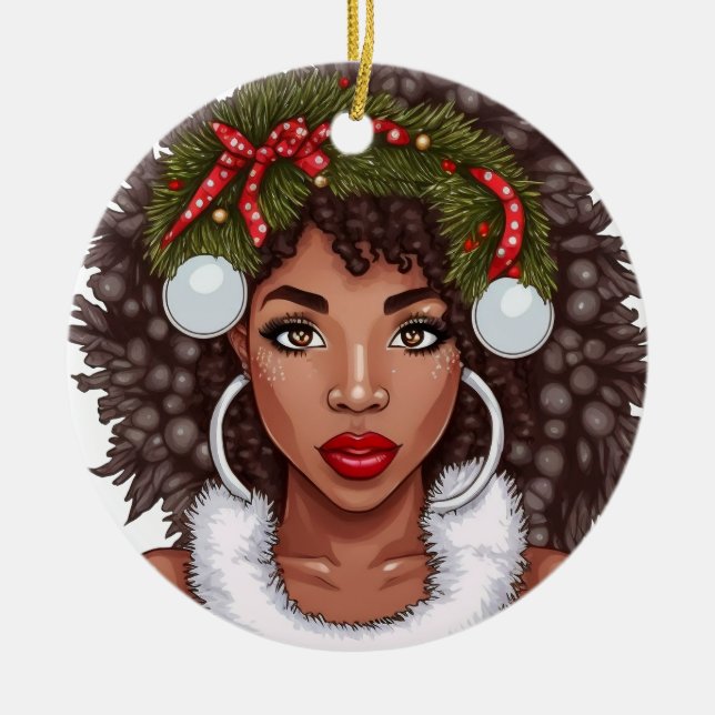 Ornamento De Cerâmica Black Girl Christmas Magic Melanin Ugly Xmas Sweat (Frente)
