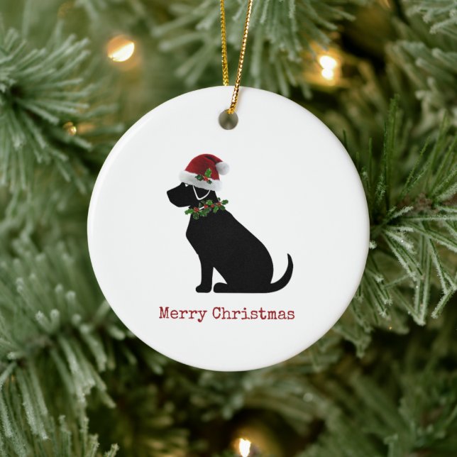 Ornamento De Cerâmica Black Lab Dog Feliz Natal Santa Hat Holly Divertid (Árvore)