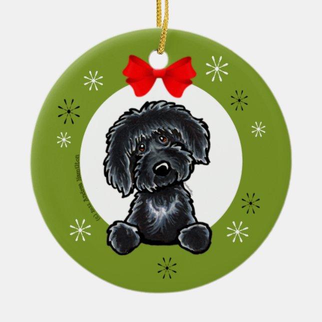 Ornamento De Cerâmica Black Labradoodle Natal Classic (Frente)