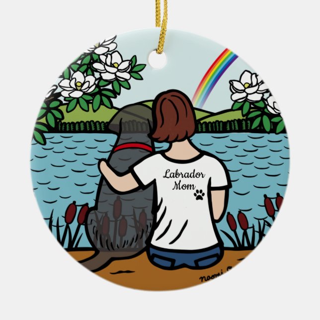 Ornamento De Cerâmica Black Labrador Angel e mamãe Brown (Frente)