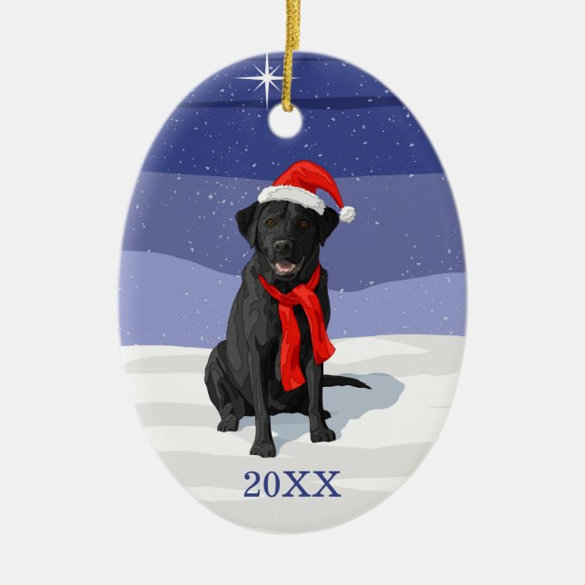 Ornamento De Cerâmica Black Labrador Retriever Santa Hat & Scarf (Frente)