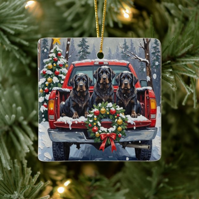 Ornamento De Cerâmica Black Newfoundland Christmas Red Truck Holiday (Árvore)