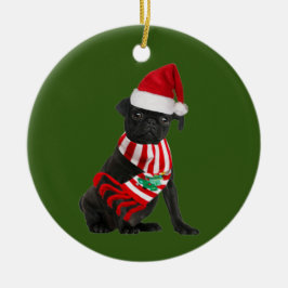 Ornamento De Cerâmica Black Pug Com O Véu De Chapéu
