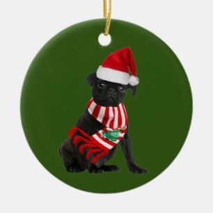 Ornamento De Cerâmica Black Pug Com O Véu De Chapéu