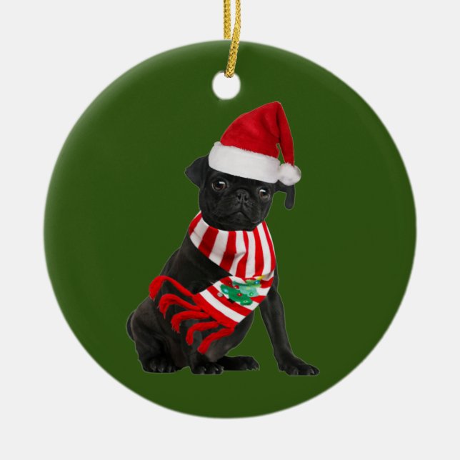 Ornamento De Cerâmica Black Pug Com O Véu De Chapéu (Frente)