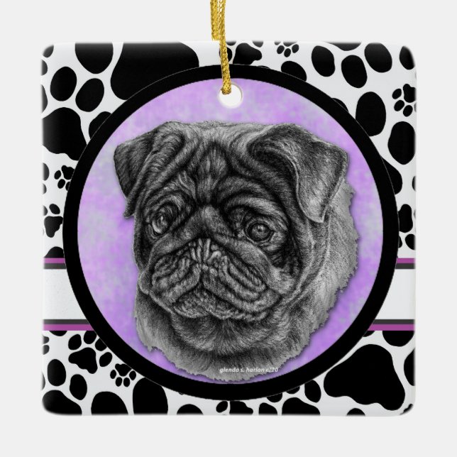 Ornamento De Cerâmica Black Pug Dog Art de Glenda Harlan (Frente)