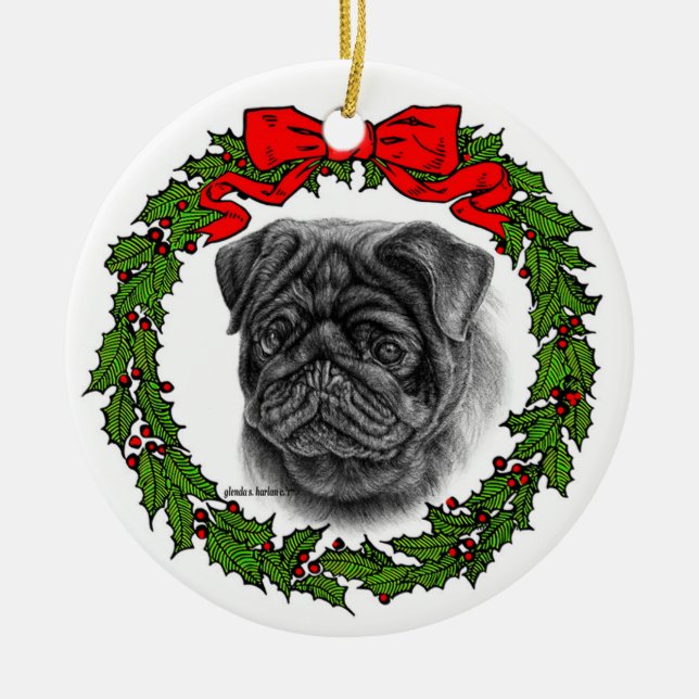 Ornamento De Cerâmica Black Pug Drawn de Glenda S. Harlan (Frente)
