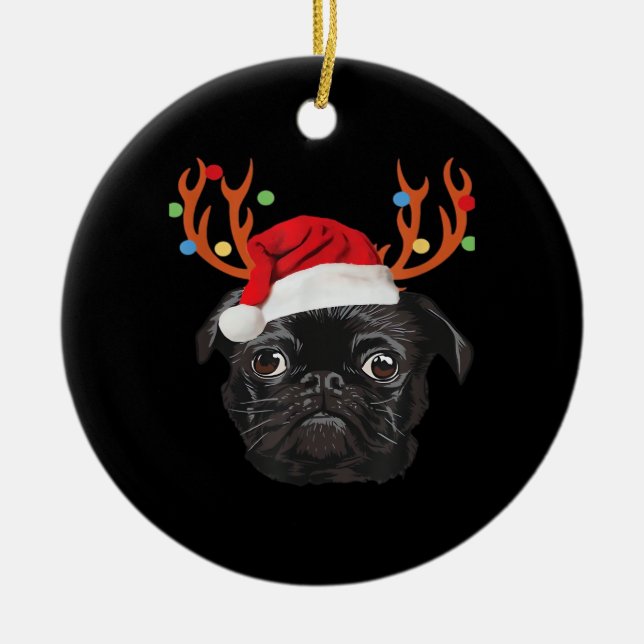 Ornamento De Cerâmica Black Pug Santa Christmas Reindeer Christmas Light (Frente)
