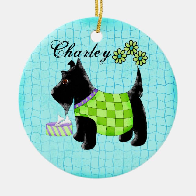 Ornamento De Cerâmica Black Scottie Dog Name Personalizado Turquoise (Frente)
