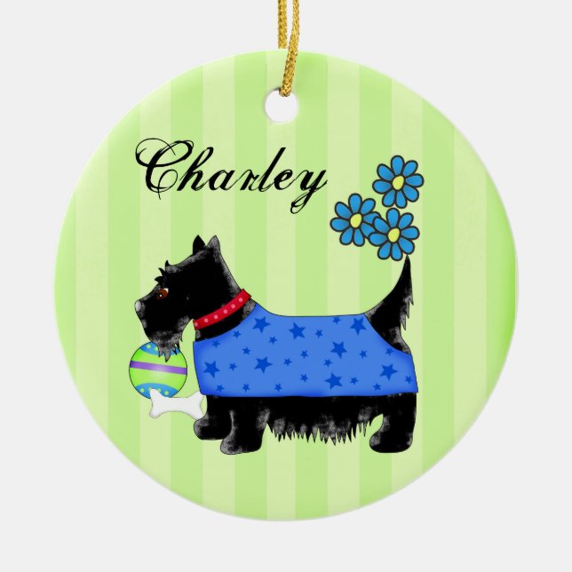 Ornamento De Cerâmica Black Scottie Terrier Dog Name Personalizado Green (Frente)