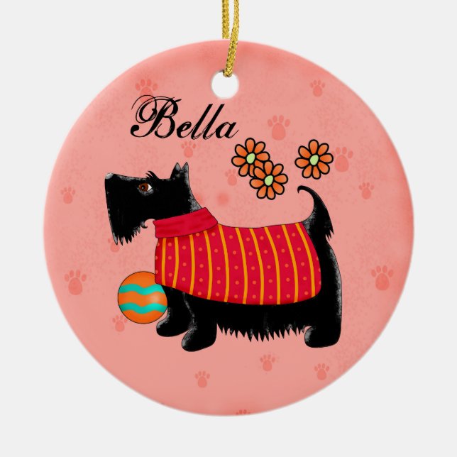 Ornamento De Cerâmica Black Scottie Terrier Dog Name Personalizado Red (Frente)