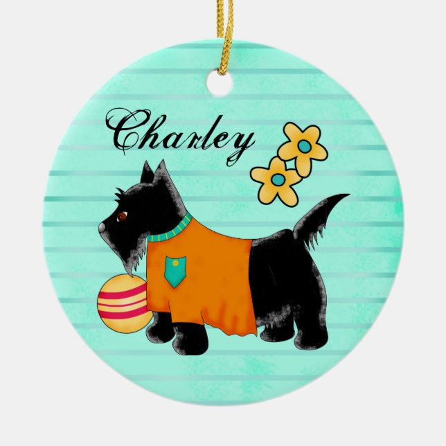 Ornamento De Cerâmica Black Scottie Terrier Dog Name Personalizado Teal (Frente)