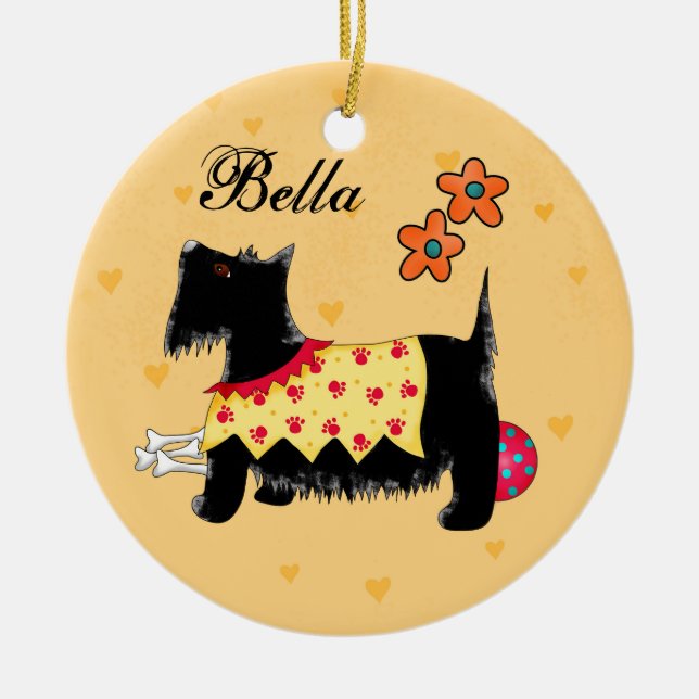 Ornamento De Cerâmica Black Scottie Terrier Dog Name Personalizado Yello (Frente)