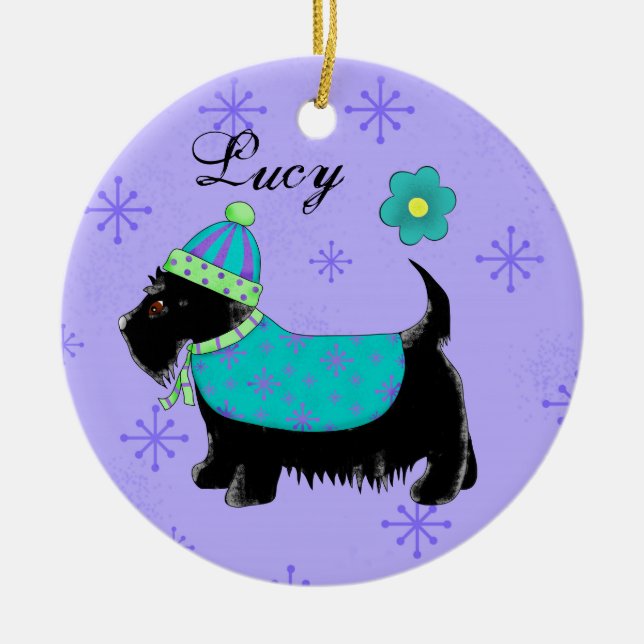 Ornamento De Cerâmica Black Scottie Terrier Dog Name Personalize Purple (Frente)