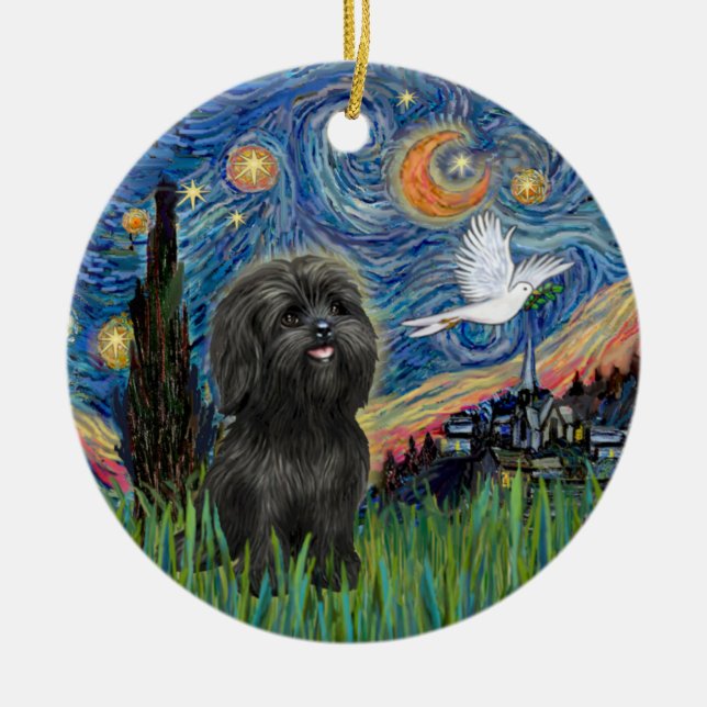 Ornamento De Cerâmica Black Shih Tzu em "Noite Estrelada" inspirou ornam (Frente)