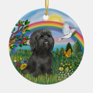 Ornamento De Cerâmica Black Shih Tzu na ponte do arco-íris com borboleta