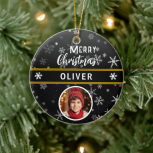 Ornamento De Cerâmica Black Snowflakes Nome personalizado Feliz Foto de