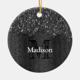 Ornamento De Cerâmica Black white faux sparkles rustic wood Monogram
