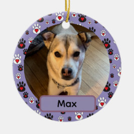 Ornamento De Cerâmica Black White Pawprint Red hearts Name blue Ornament