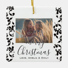Ornamento De Cerâmica Black White Rococo Merry Christmas Script Photo