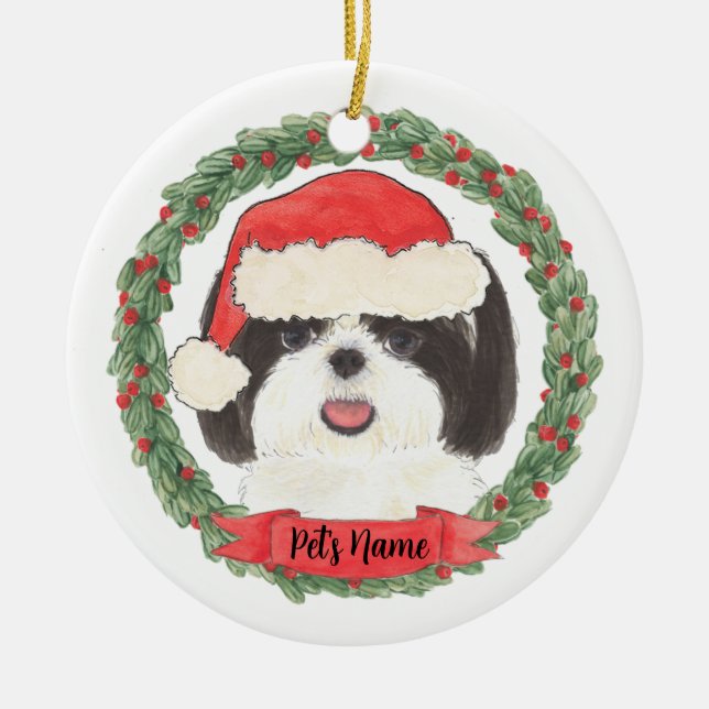 Ornamento De Cerâmica Black & White Shih Tzu personalizado (Frente)
