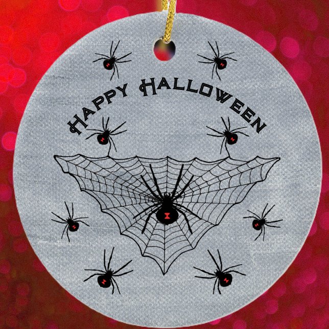 Ornamento De Cerâmica Black Widow Spiders Red Marks in Web White (Black widow spiders red marks in black triangular web on rustic white Halloween ceramic ornament.)