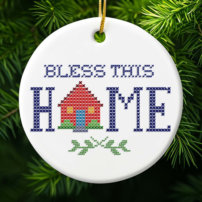 Ornamento De Cerâmica Bless This Home Ornament (Bless This Home cross stitch needlework embroidery design.)