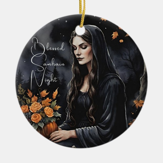 Ornamento De Cerâmica Blessed Samhain Night Halloween Fall Witch (Frente)