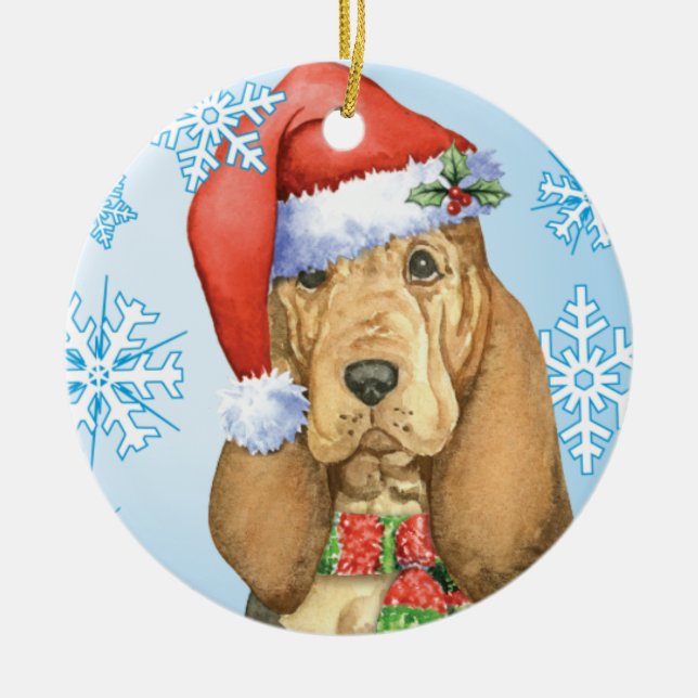 Ornamento De Cerâmica Bloodhound feliz de Howlidays (Frente)