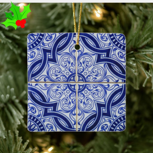 Ornamento De Cerâmica Blue and White Mediterranean Azulejo Tile Pattern (Add rustic elegance to your Christmas with this classic blue/white Portuguese tile pattern ornament)