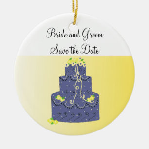 Ornamento De Cerâmica Blue and Yellow Cake Save the Date